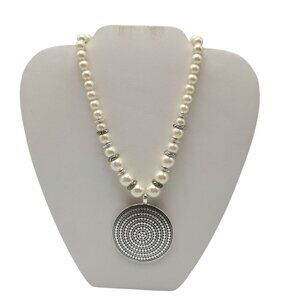 Scroll and Dots Elegant Faux Pearl Necklace With Silver-Tone Pendant